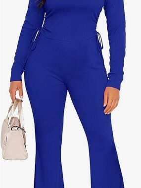 Ribbed Long Sleeve Flare Pants & Top - Royal Blue